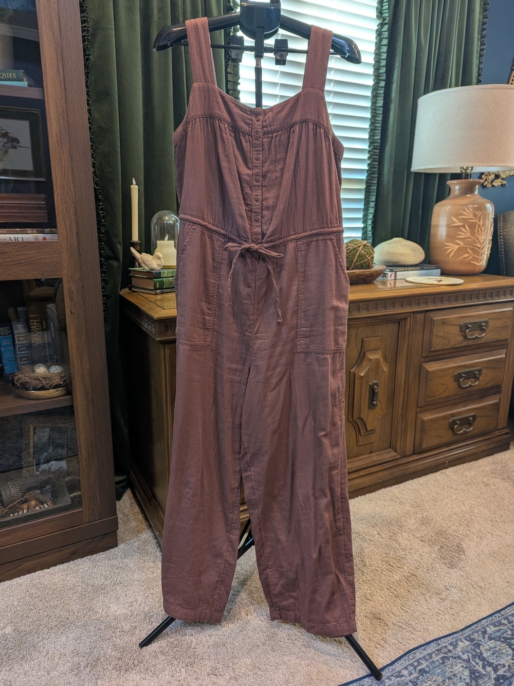 Old Navy Mauve Sleeveless Button-Front Linen-Blend Jumpsuit with Tie Waist